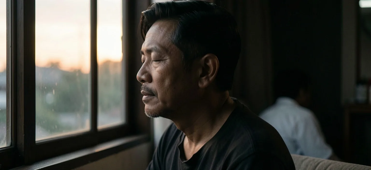 A man in quiet contemplation at dawn