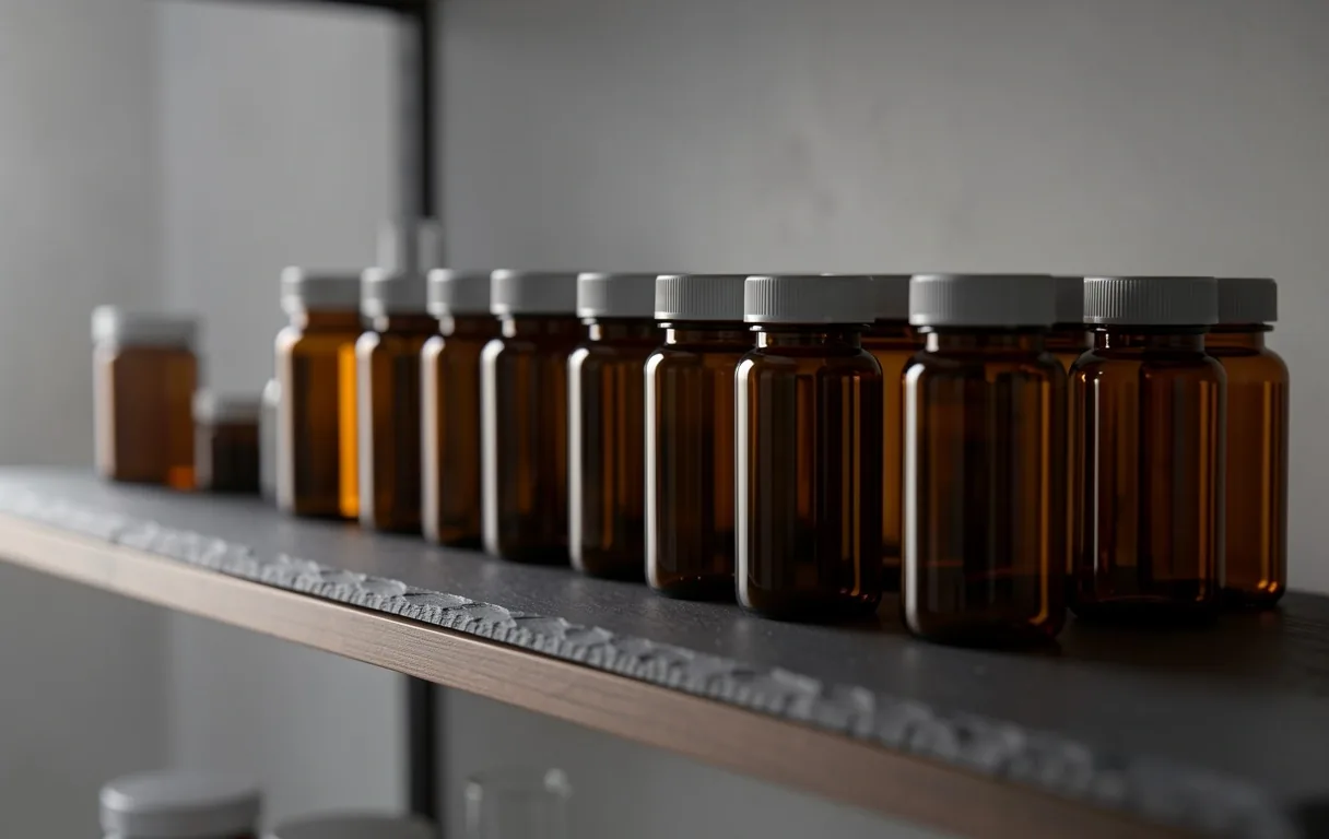 Amber supplement bottles on a dark shelf