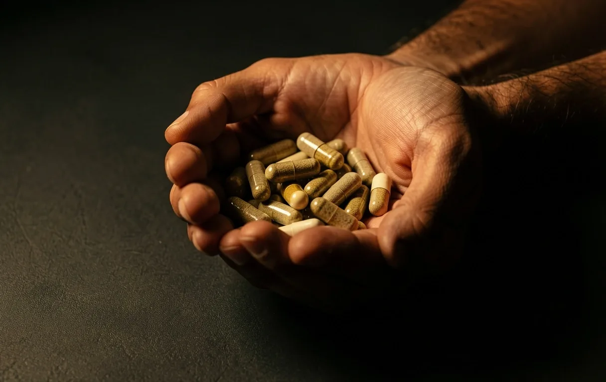 Hands holding natural supplement capsules