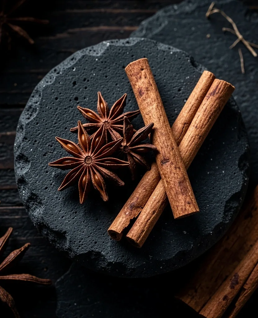 Natural botanical ingredients on a dark surface