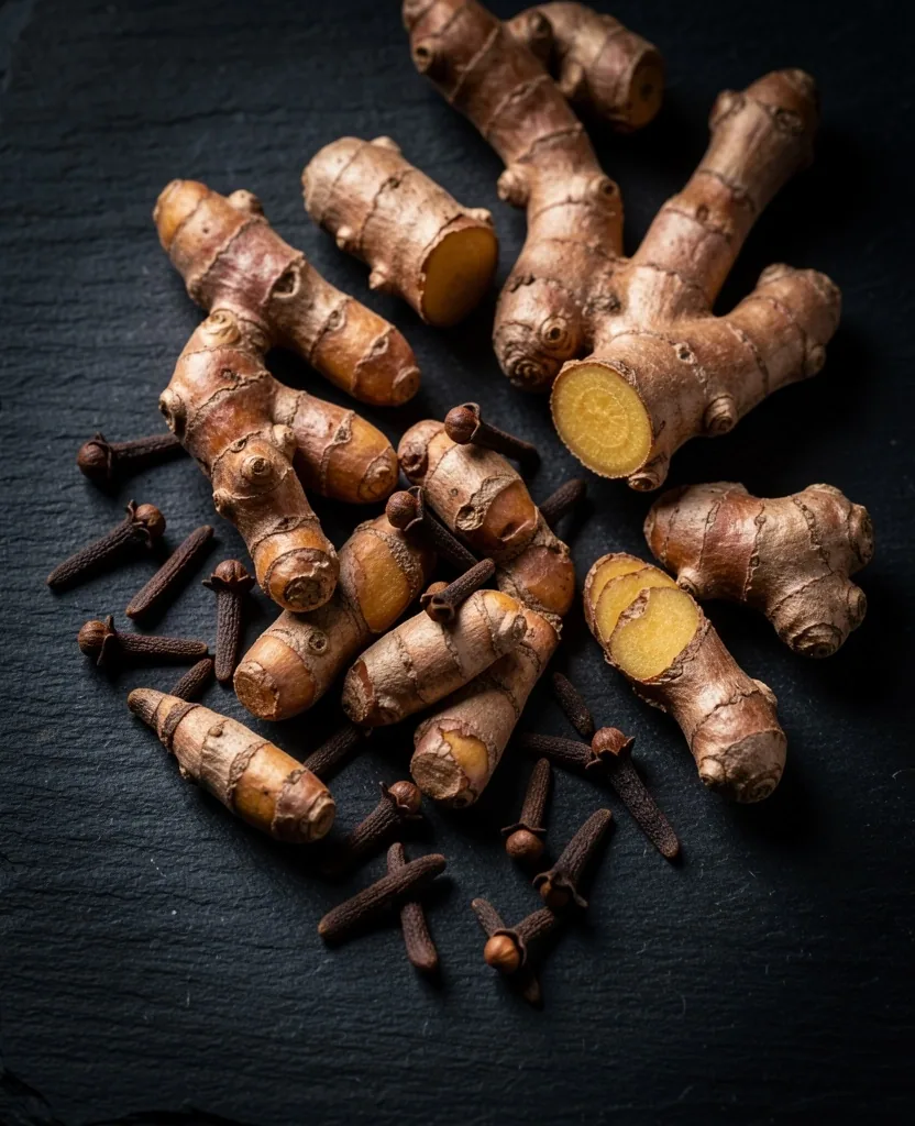 Natural botanical ingredients photographed on a dark surface