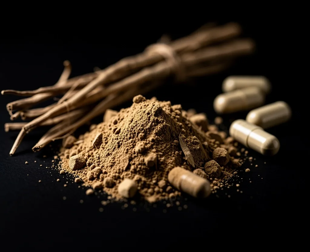 Botanical supplement powder and capsules on a dark surface