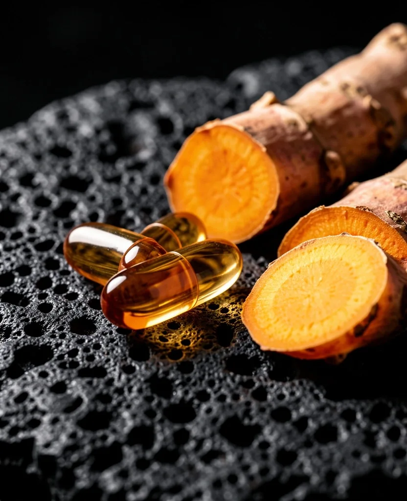 Natural supplement capsules on a dark surface