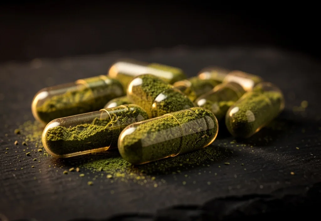 Natural herbal capsules on dark surface