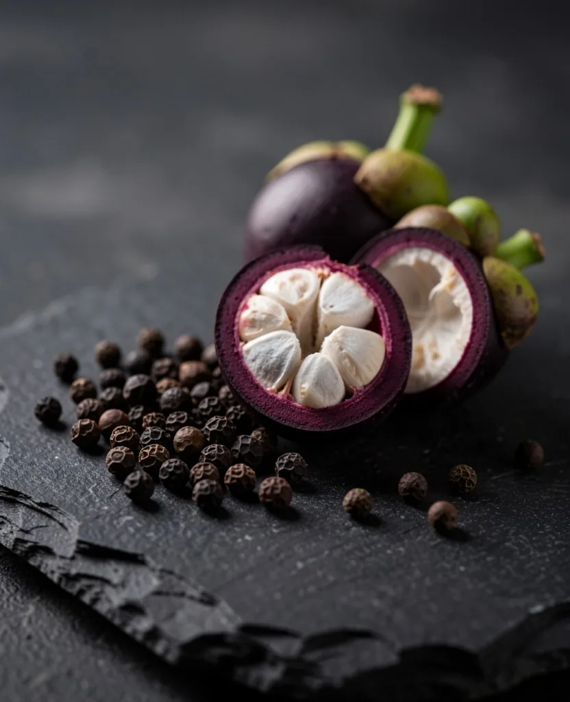 Natural botanical supplement ingredients on dark surface