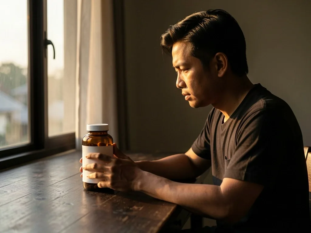 Man reading a supplement label at a dark table