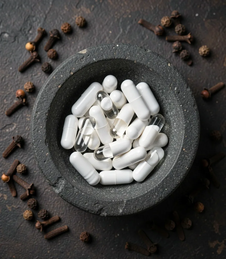 Natural supplement capsules arranged on a dark surface