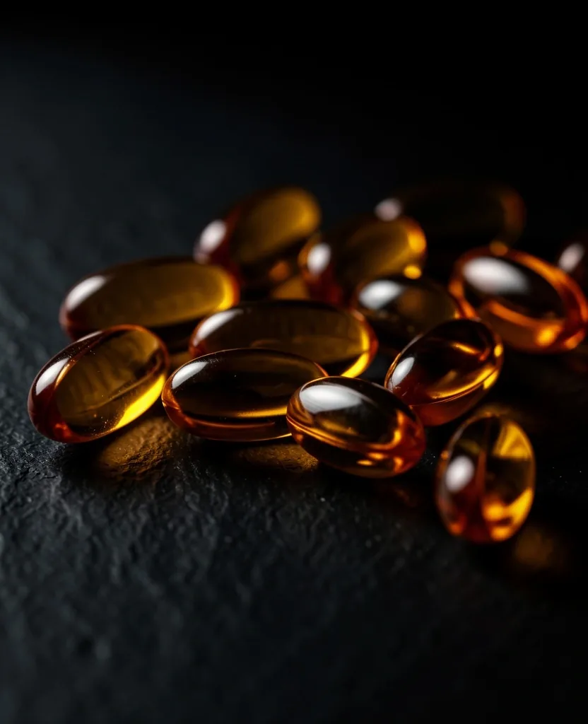 Macro photograph of natural supplement capsules on a dark surface
