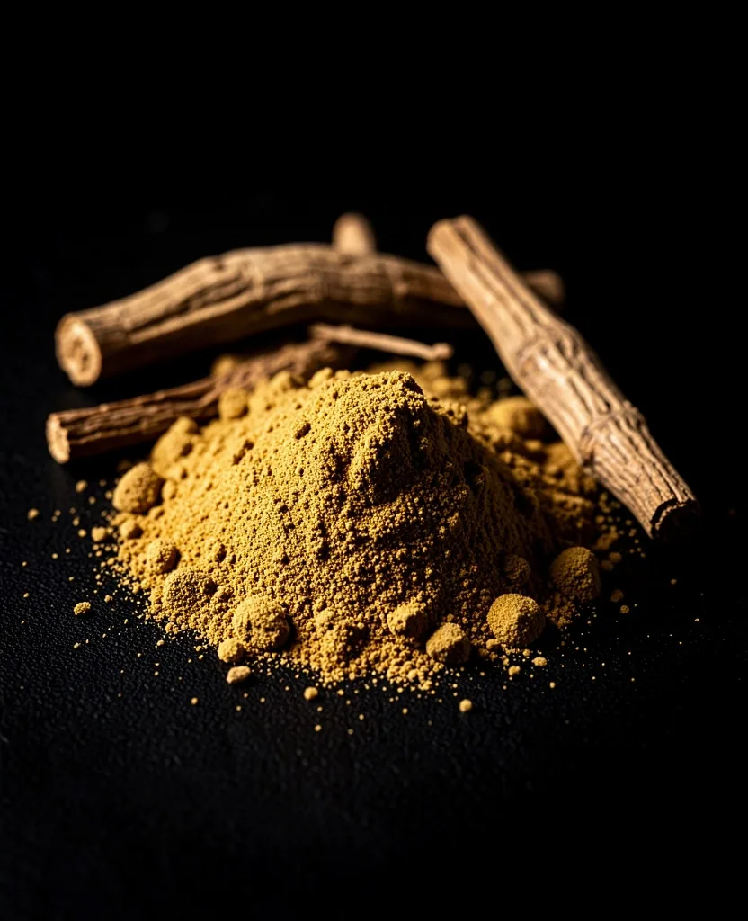 Ashwagandha root powder on a dark surface
