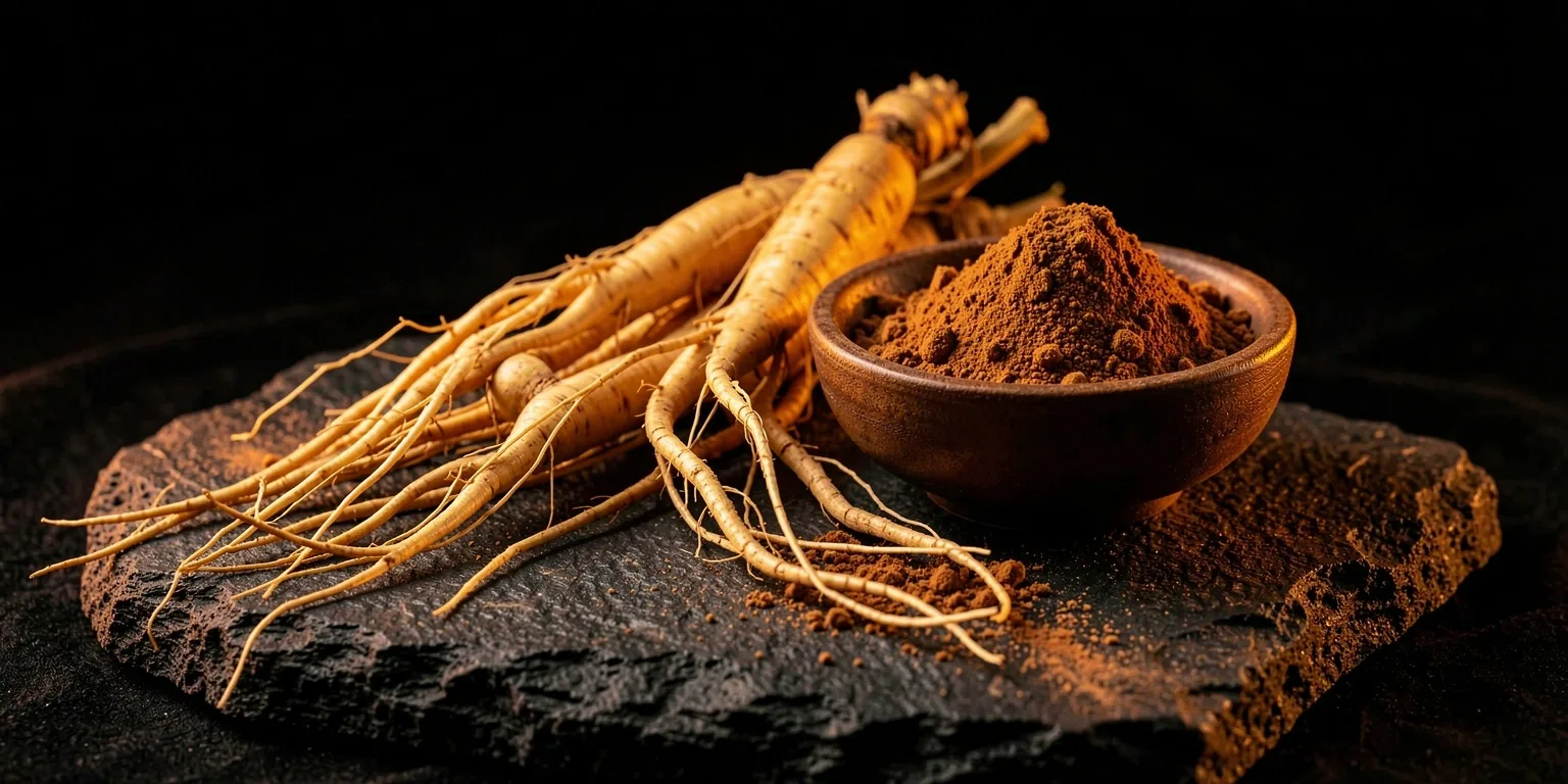Ginseng and maca root botanicals on dark stone