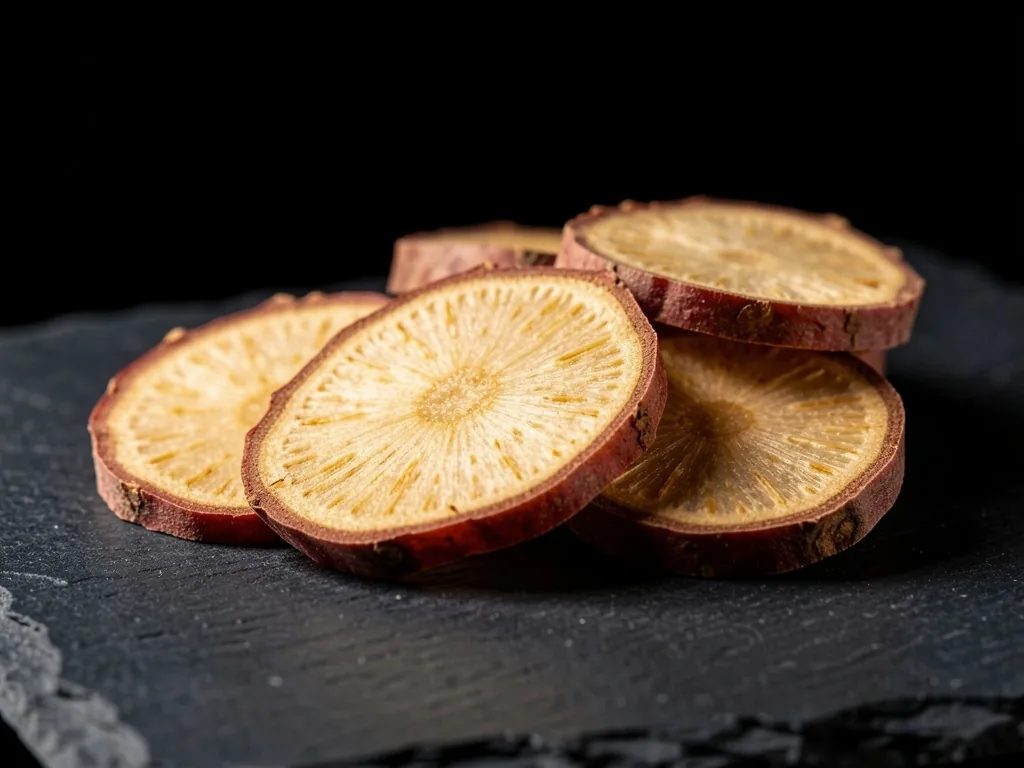 Rhodiola rosea root slices on dark slate