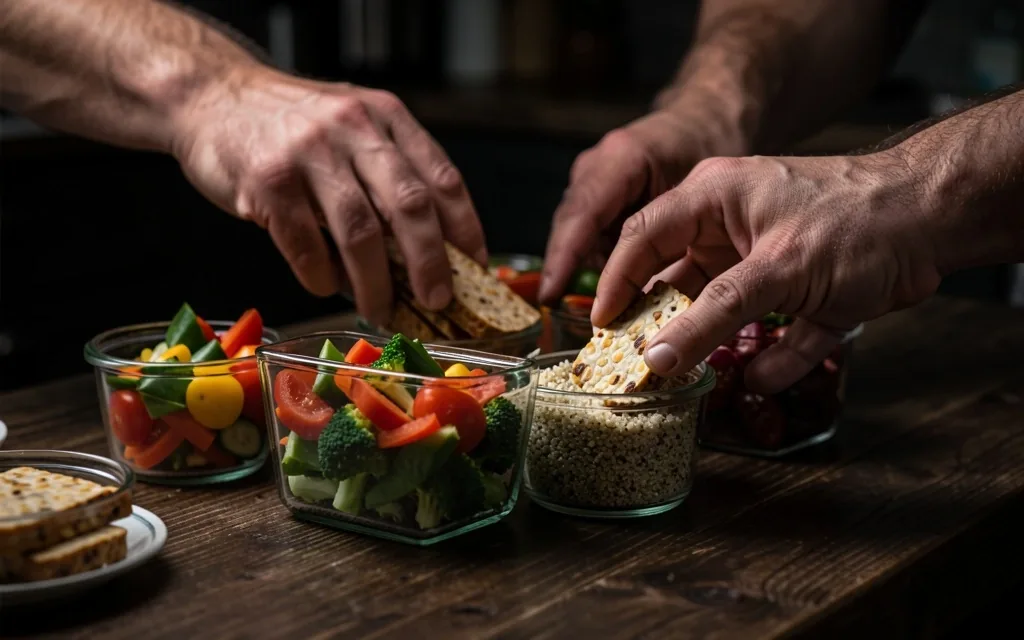 Meal prep containers with healthy food on a dark counter
