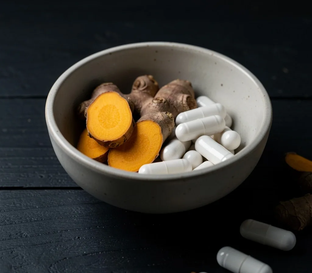 Natural supplement capsules and botanical ingredients on a dark surface